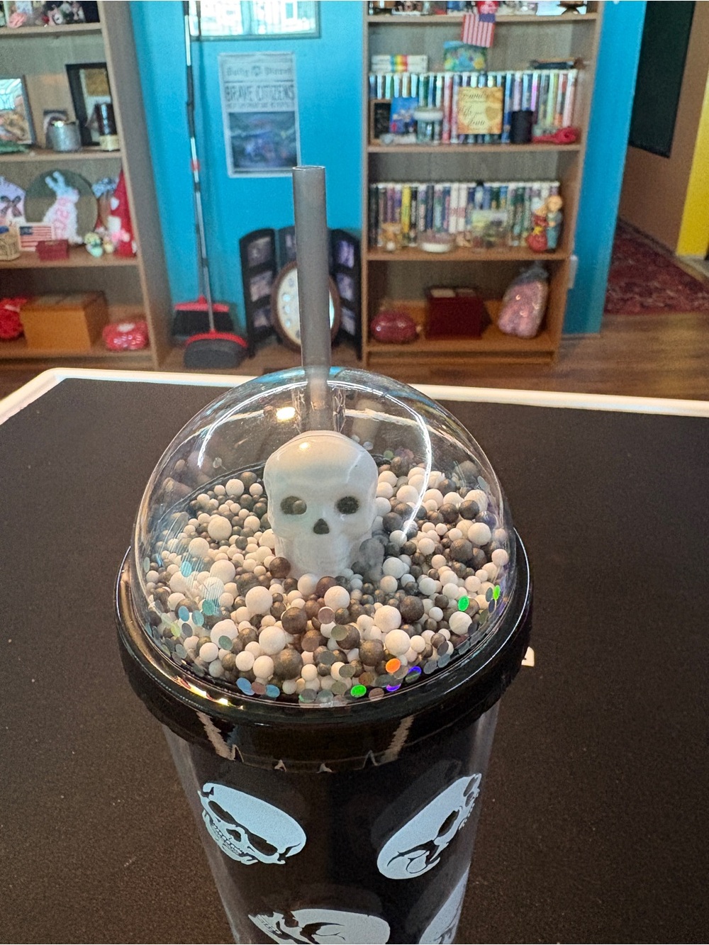 Black Skull Confetti Tumbler Cup with Straw - Picture 2 of 2